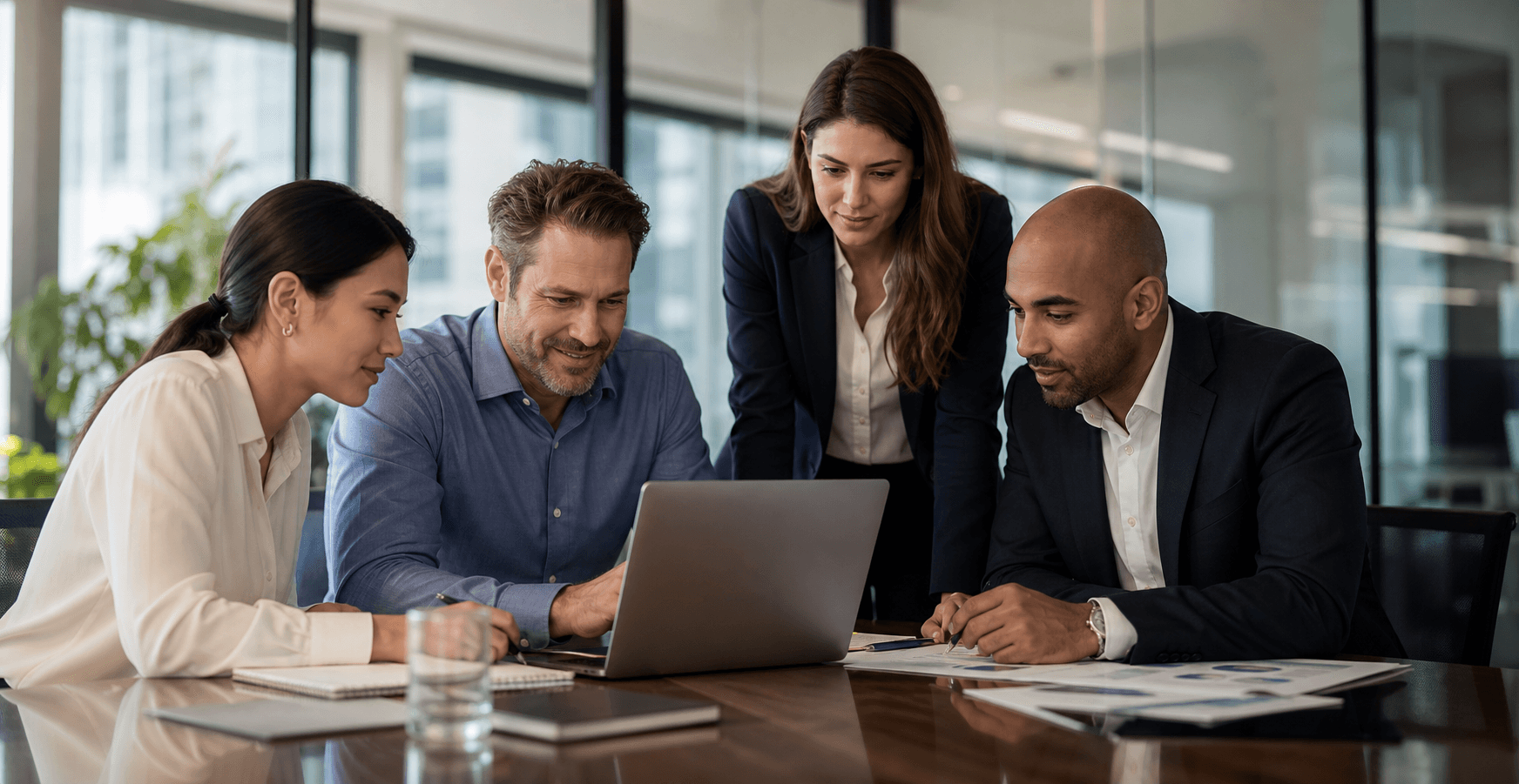 Corporate team collaborating in a modern office